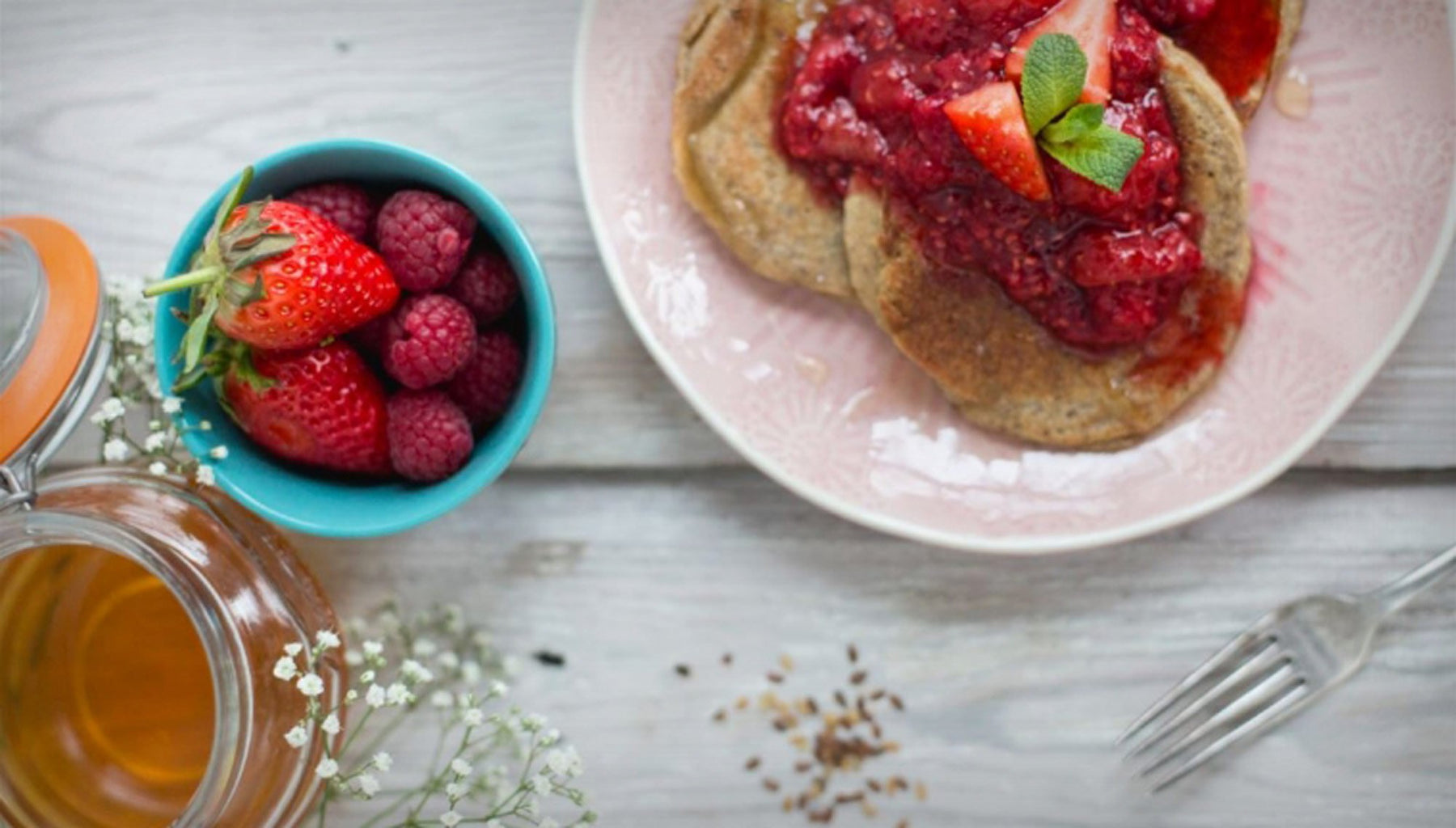 Five Ingredient Banana Pancakes With Warm Berry Compote