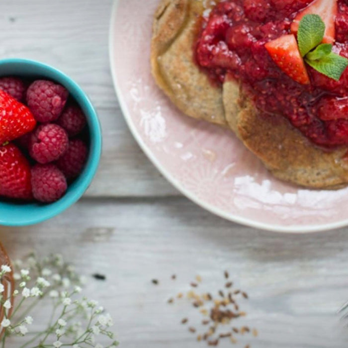 Five Ingredient Banana Pancakes With Warm Berry Compote