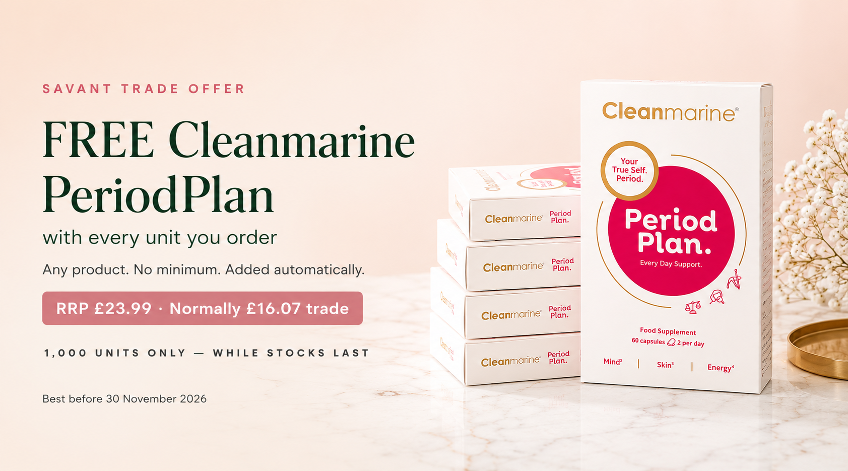 Cleanmarine PeriodPlan supplement boxes on a light marble surface with a soft pink background. The main box is open to show the PeriodPlan contents, with three closed boxes stacked behind it.